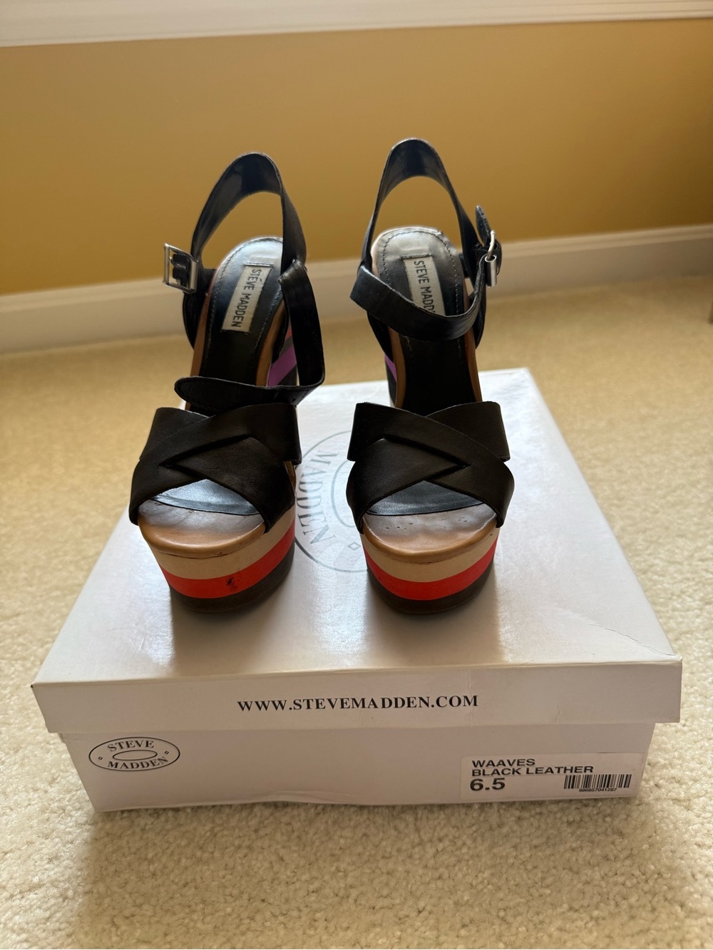 Steve Madden Black Leather Platform Sandals with Multicolor Stack